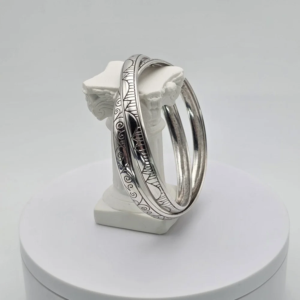 Vtg BRIGHTON 'Avenue' Bracelet Etched Double Interlocked Bangles‎ Silver Plated